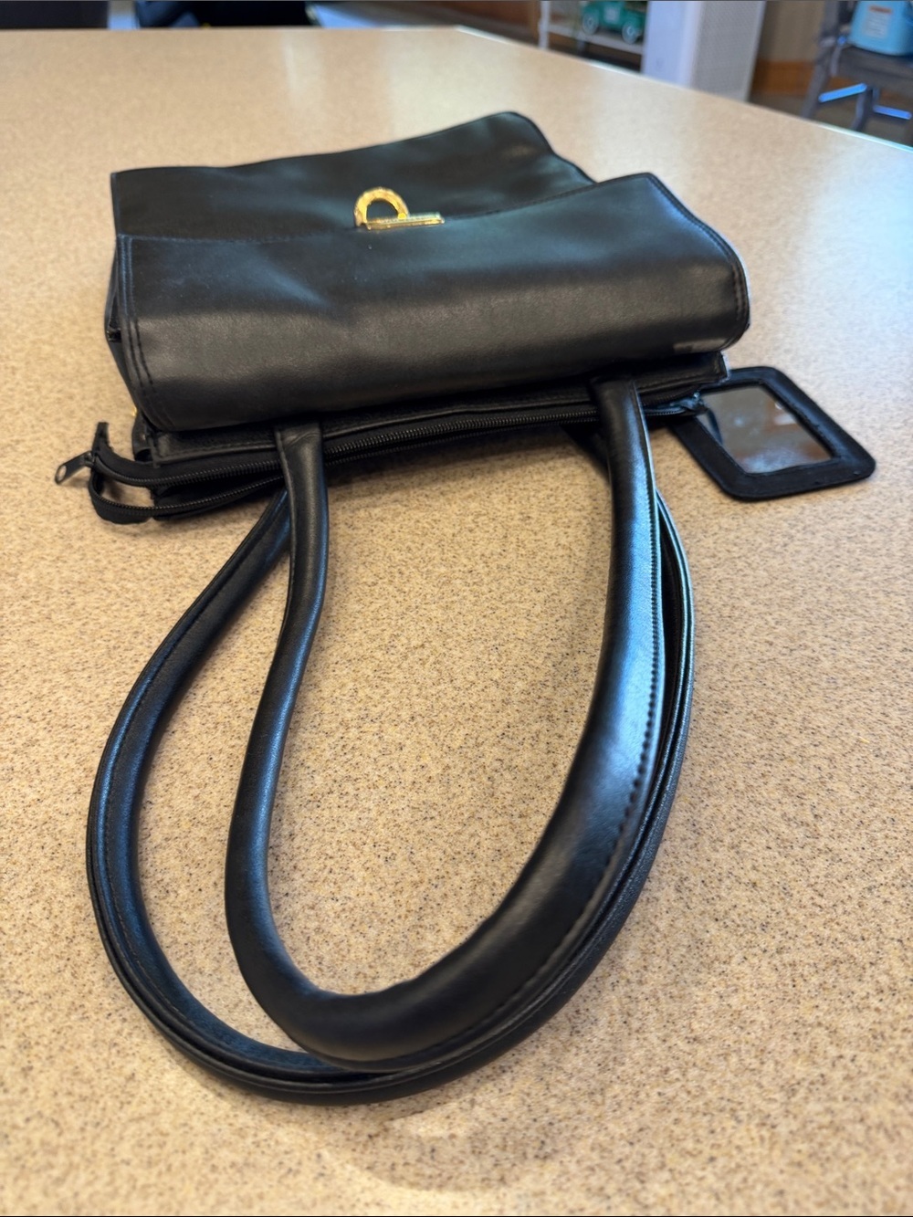 Black Leather Top-Handle Shoulder Bag w/ Gold Tone Lock & lots of organization - Picture 13 of 13